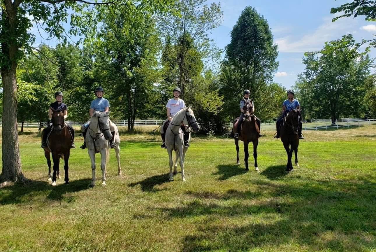 Group riding horses on grass